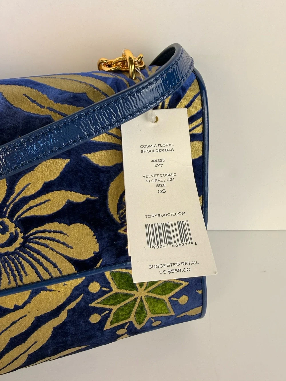 Tory Burch Cosmic Floral Velvet Shoulder Bag Blue Gold Chain $558